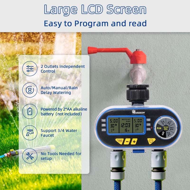 Yardeen Sprinkler Timer for Garden Hose, Programmable Hose Timer with Rain Delay/Manual/2 Solenoid Valves Garden Electronic Irrigation Controller System Color Blue - Image 5